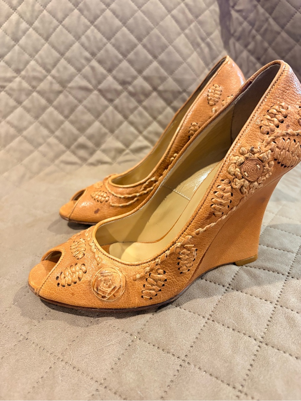 Valentino Garavani Tan Embroidered Peep-Toe Wedges
